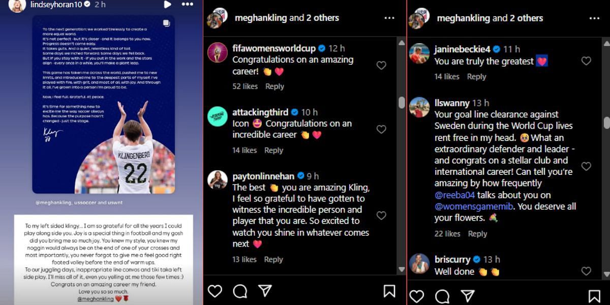 Screenshots of Horan's Instagram story and Klingenberg post's comment section.